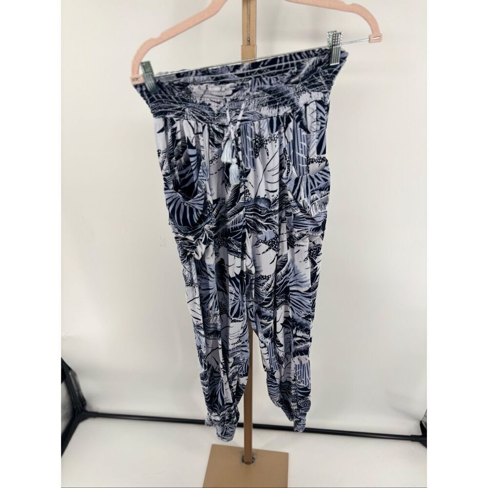 Aerie Tropical Palm Print Jogger Pants Blue White Smocked Waist Lounge medium